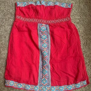 Flying Tomato Red Strapless Dress with Blue Aztec Designs